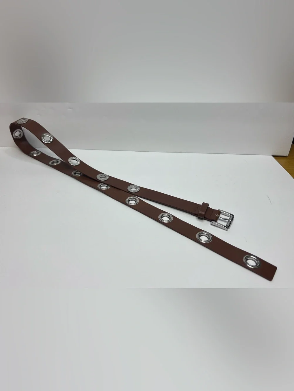 Michael Kors Brown Leather Eyelet Belt with Silver Hardware